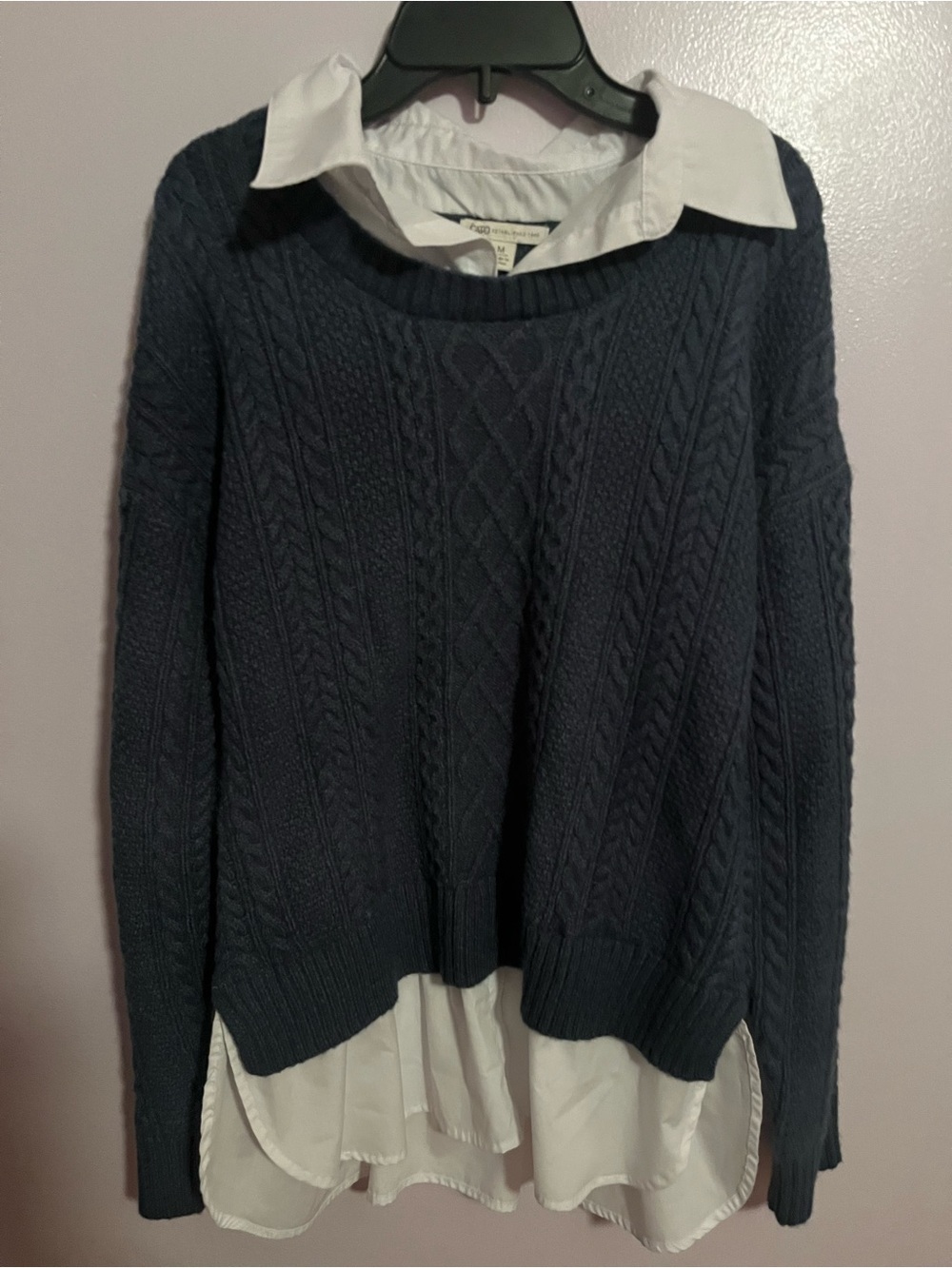 Women's Navy Cable Knit Sweater with White Shirt Hem